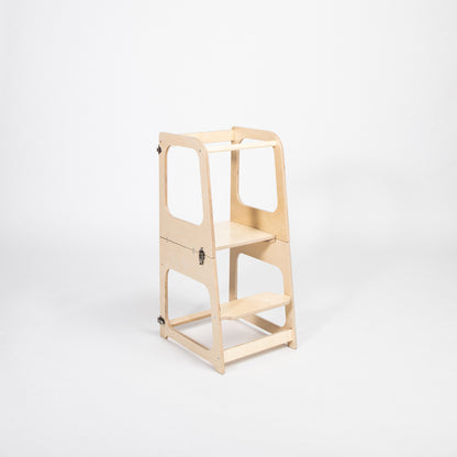 Natural birch wood Montessori kitchen tower in upright position
