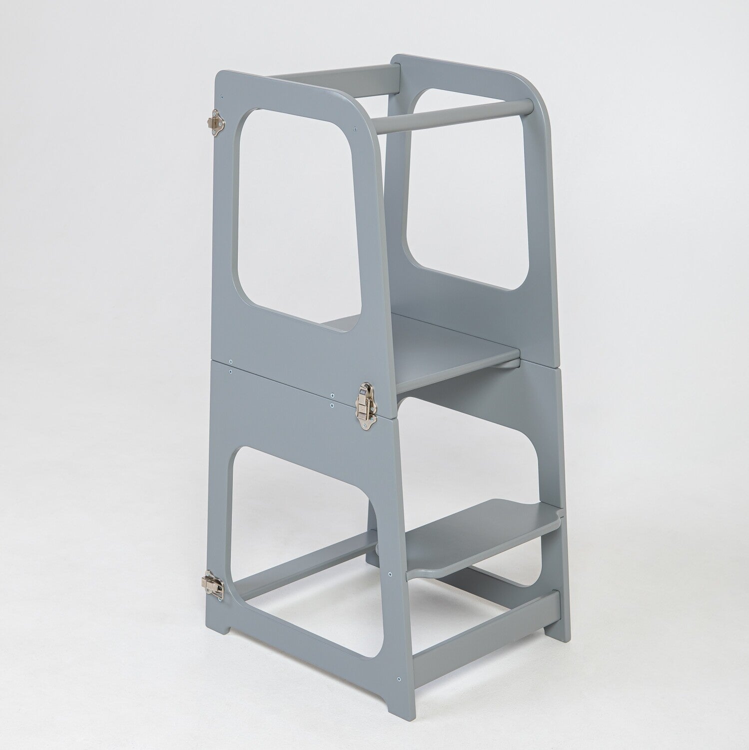 Grey Montessori learning tower standing upright with open sides