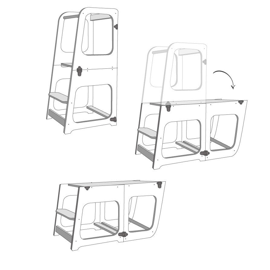 Diagram showing three-step transformation from tower to table to chair