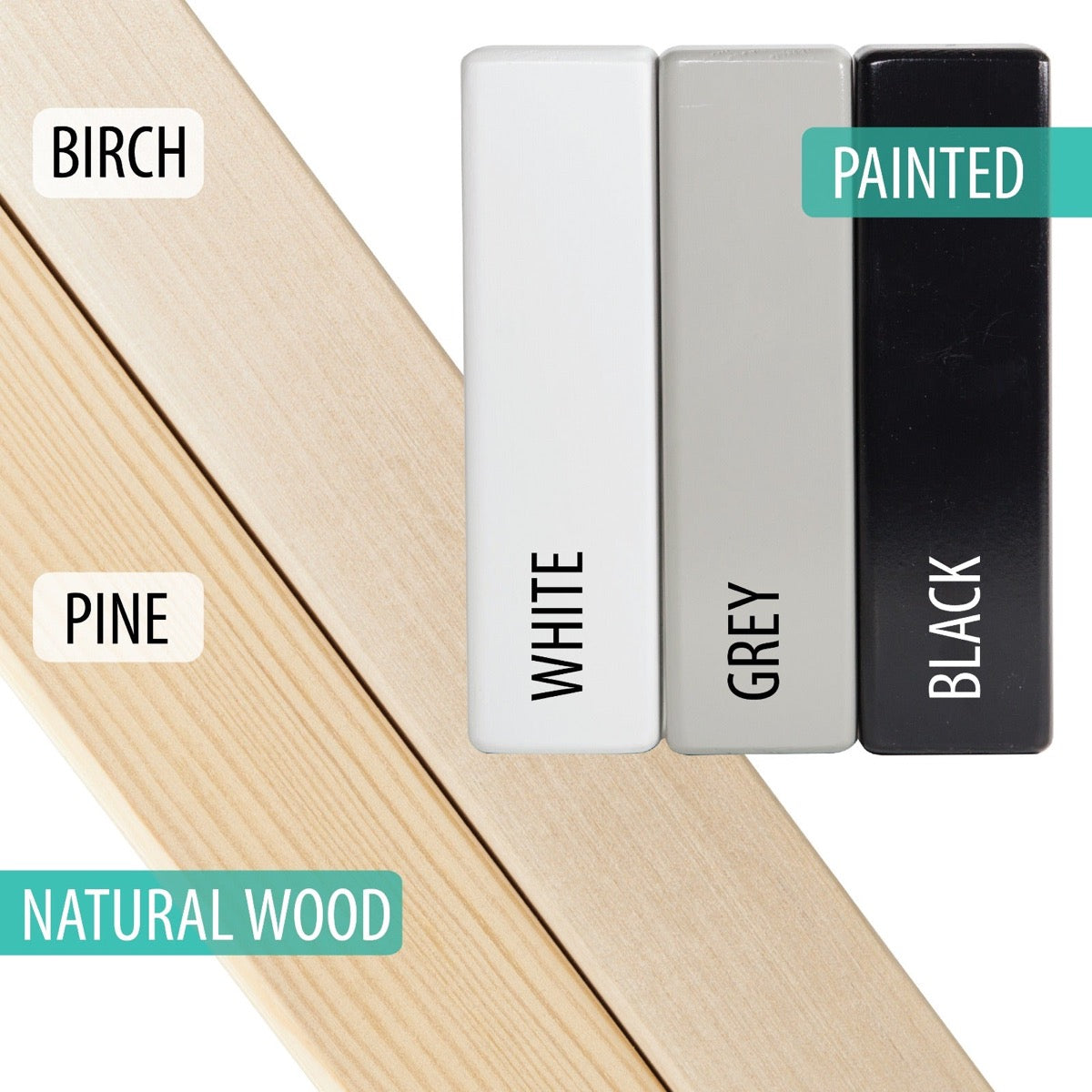 Available wood finishes for house clothing rack including birch pine natural wood and white gray black painted options