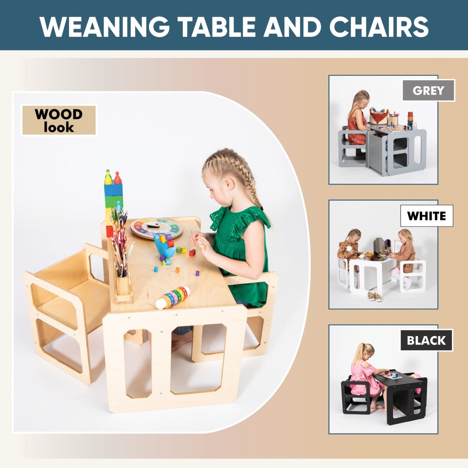 Chart showing Montessori table and chair set available in wood, grey, white and black colors