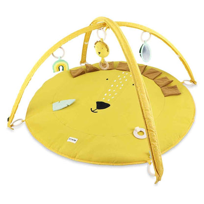 Mr. Lion activity play mat with yellow arches and hanging wooden toys