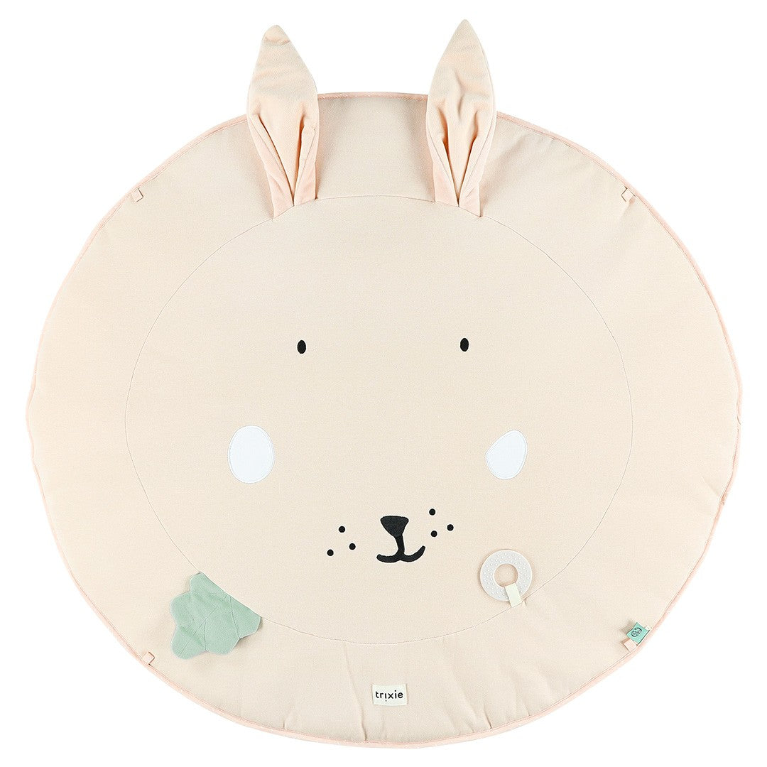 Front view of Mrs. Rabbit play mat showing rabbit face design with organic cotton base