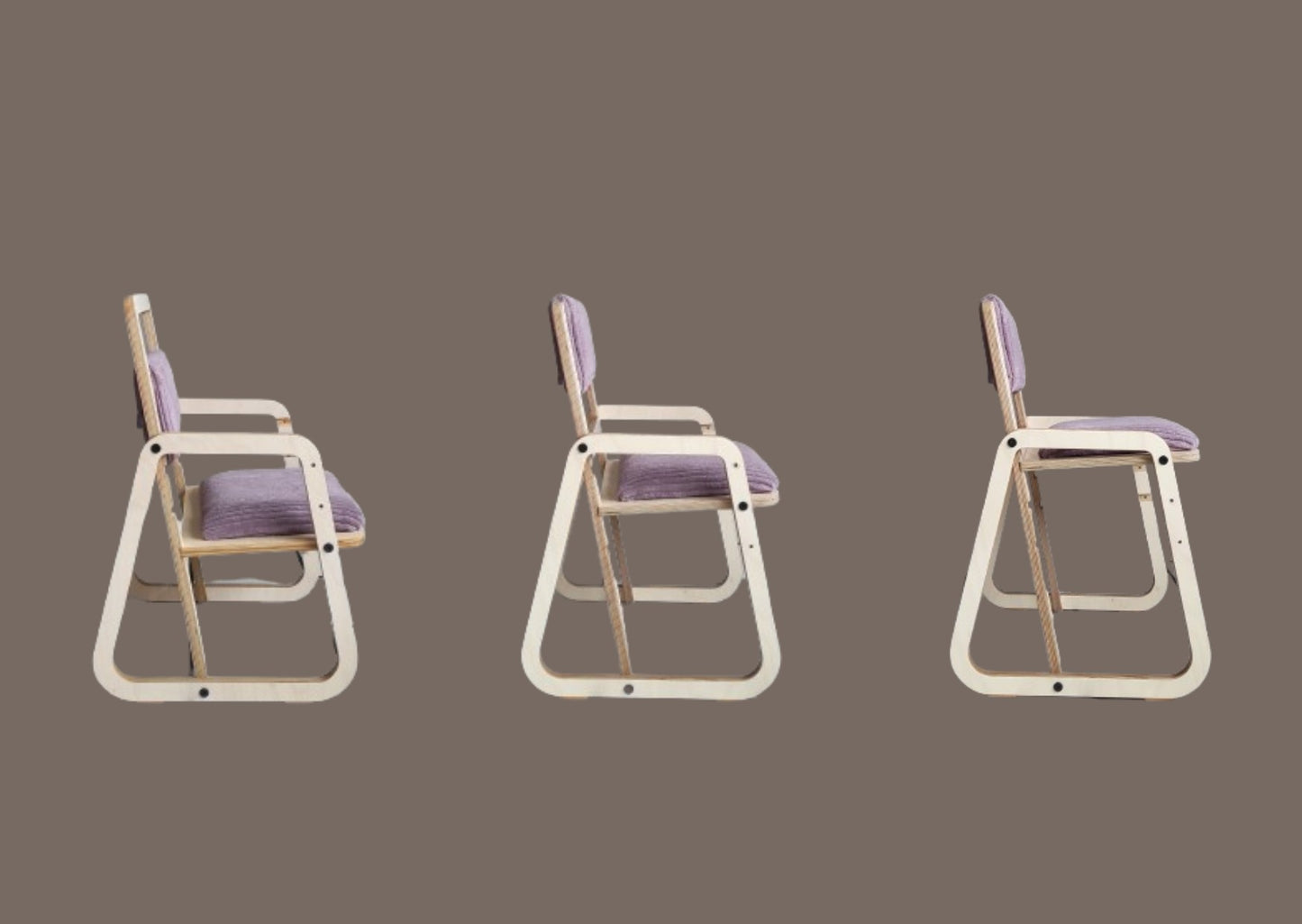 Cannon pink Montessori chair shown from left, center, and right profile angles