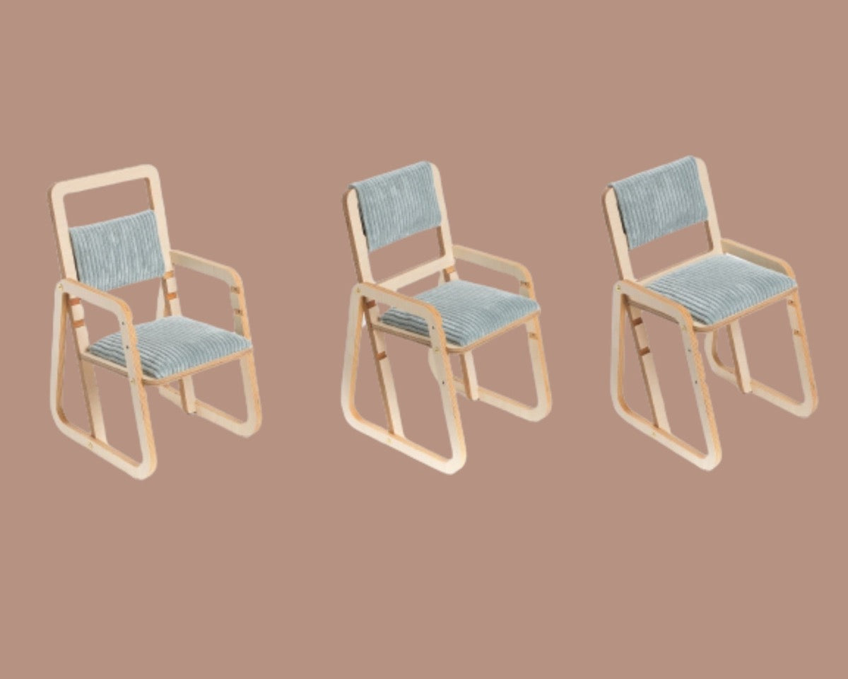 Three Montessori chairs with cushioned seats shown from side angle on tan background