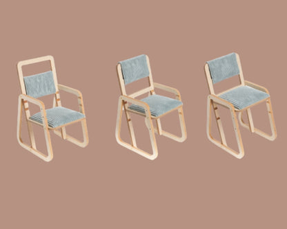 Three Montessori chairs with cushioned seats shown from side angle on tan background