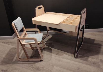 Luula Julle Montessori table and chair set with chalkboard, storage compartments, and birch wood frame