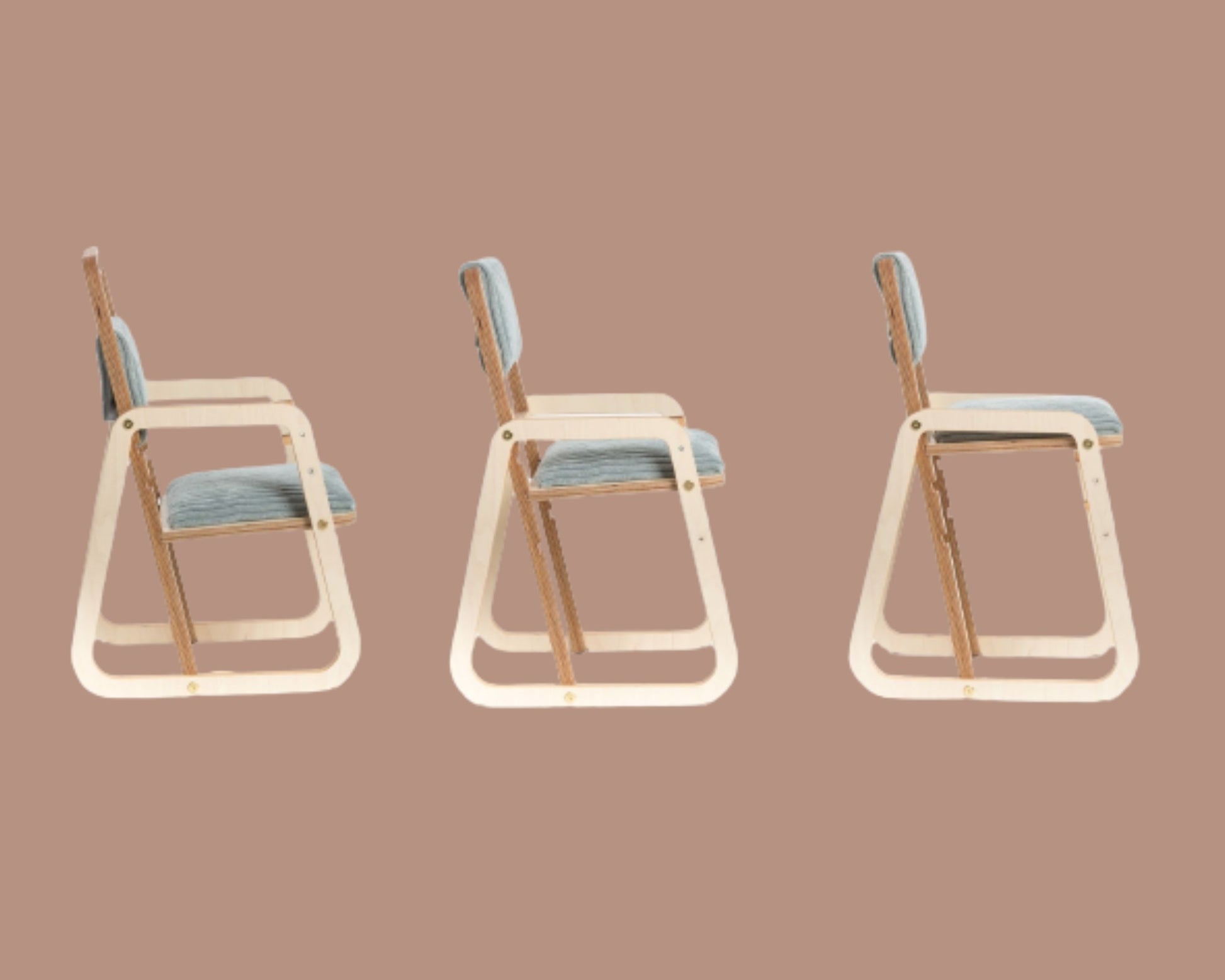 Three Montessori chairs displayed from back view showing stackable design