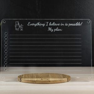 Chalkboard writing panel with inspirational text and wooden tray detail