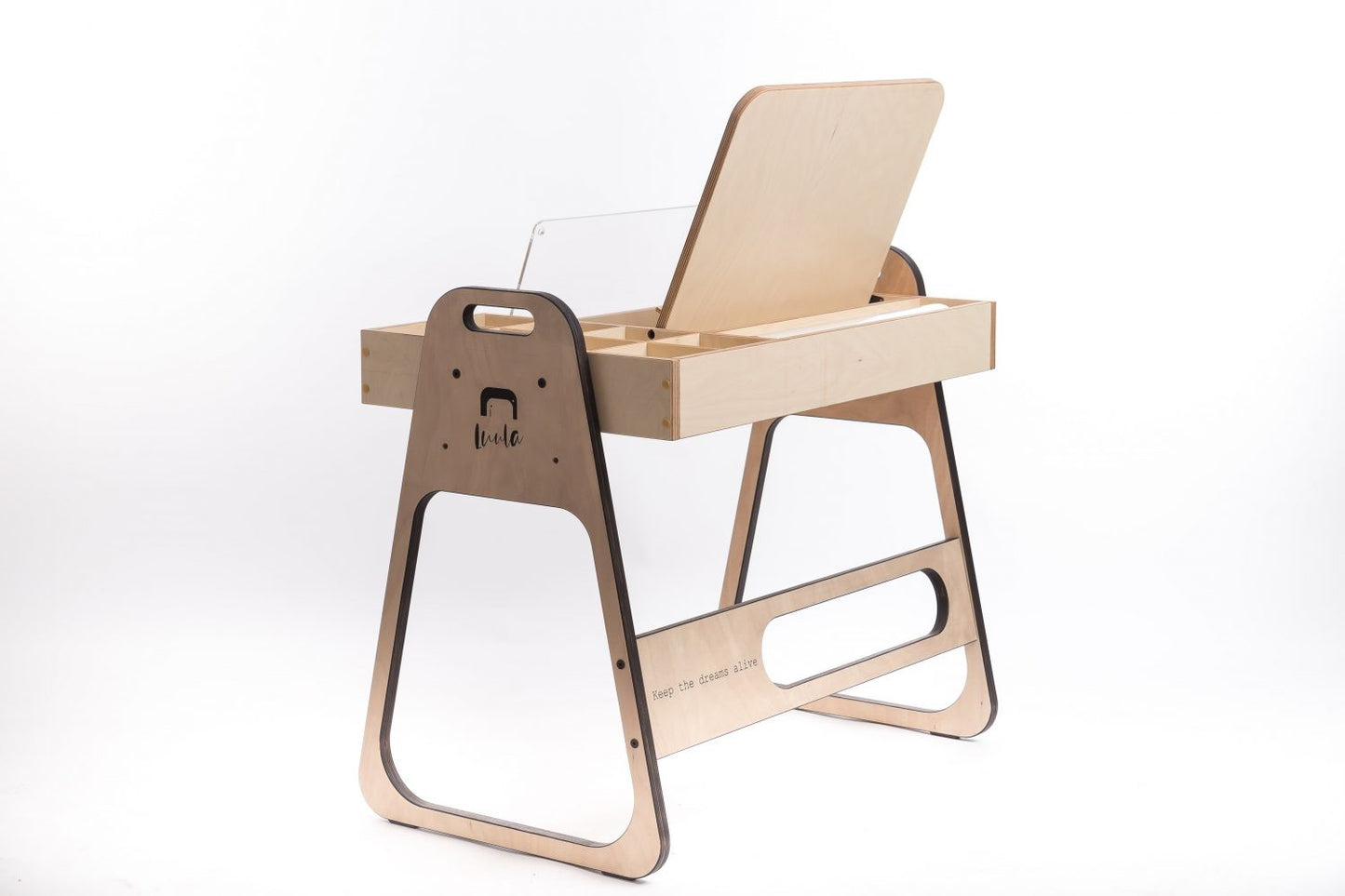 Luula Julle Montessori table with reversible surface and hinged storage lid shown open
