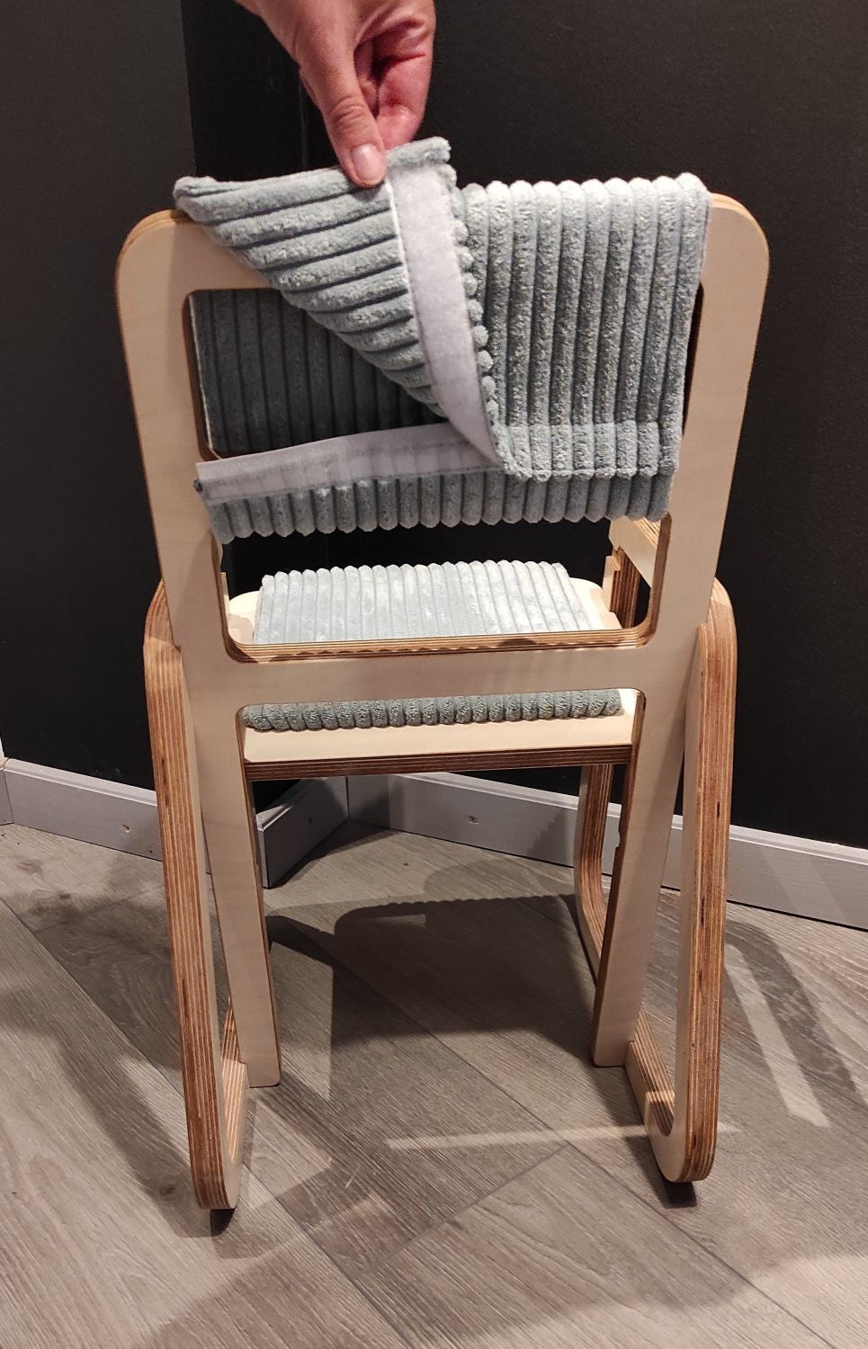Removable fabric cushion covers for Montessori chair seats in gray and cream colors