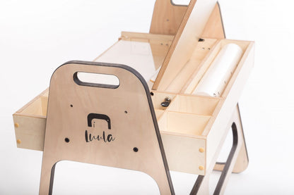 Luula Julle chair back detail showing Luula branding and ergonomic curved design