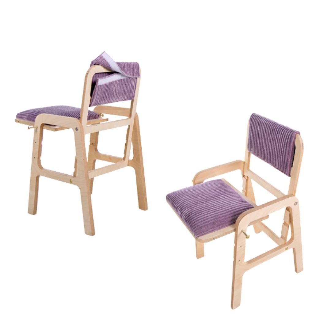 Two purple cushioned chairs from adjustable Montessori table set, shown in different heights for toddler and child