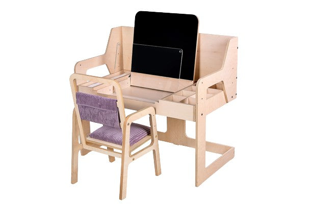Luula height-adjustable Montessori table and chair set with birch plywood construction and purple cushioned seats