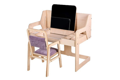 Luula height-adjustable Montessori table and chair set with birch plywood construction and purple cushioned seats