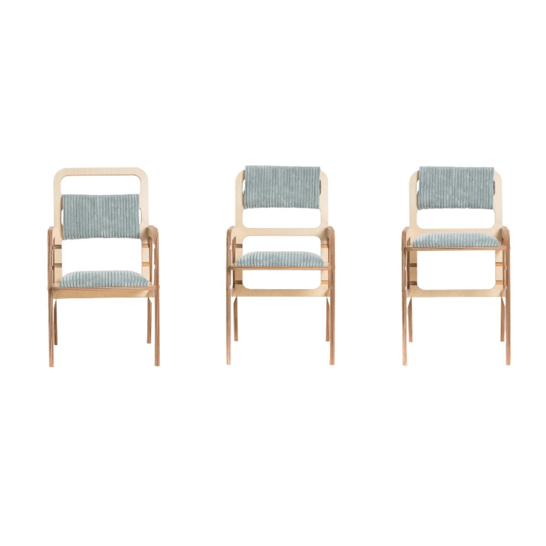 Three adjustable wooden chairs with gray fabric seats in different heights