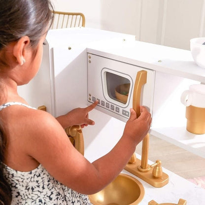Angelove Large White Gold Wooden Play Kitchen for Kids – full set front view elegant | Nestling
