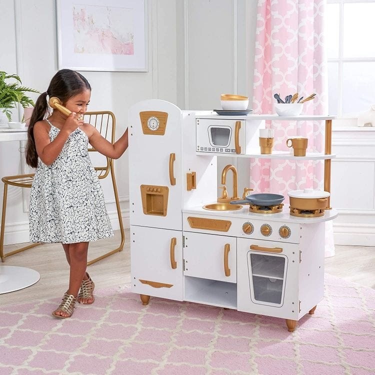 Angelove Large White Gold Wooden Play Kitchen for Kids – back view refrigerator shelf detail | Nestling