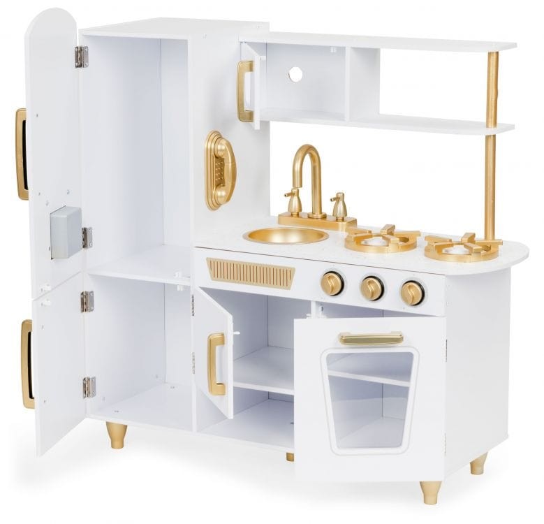 Angelove Large White Gold Wooden Play Kitchen for Kids – side view with oven and burners | Nestling