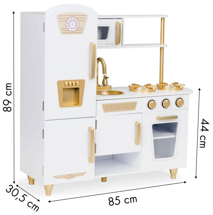 Angelove Large White Gold Wooden Play Kitchen for Kids – dimensions infographic chart | Nestling