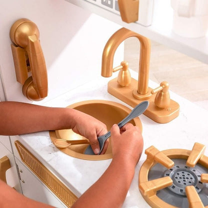 Angelove Large White Gold Wooden Play Kitchen for Kids – accessories pots pans gold handles | Nestling