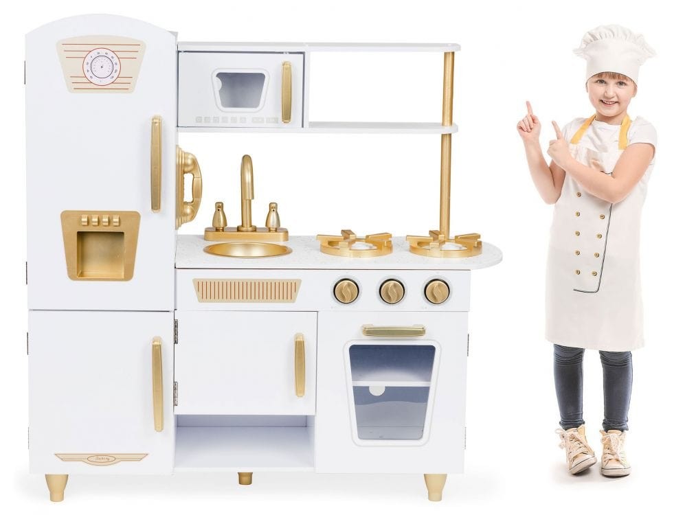 Angelove Large White Gold Wooden Play Kitchen for Kids – flat pieces layout unassembled | Nestling