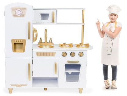 Angelove Large White Gold Wooden Play Kitchen for Kids – flat pieces layout unassembled | Nestling