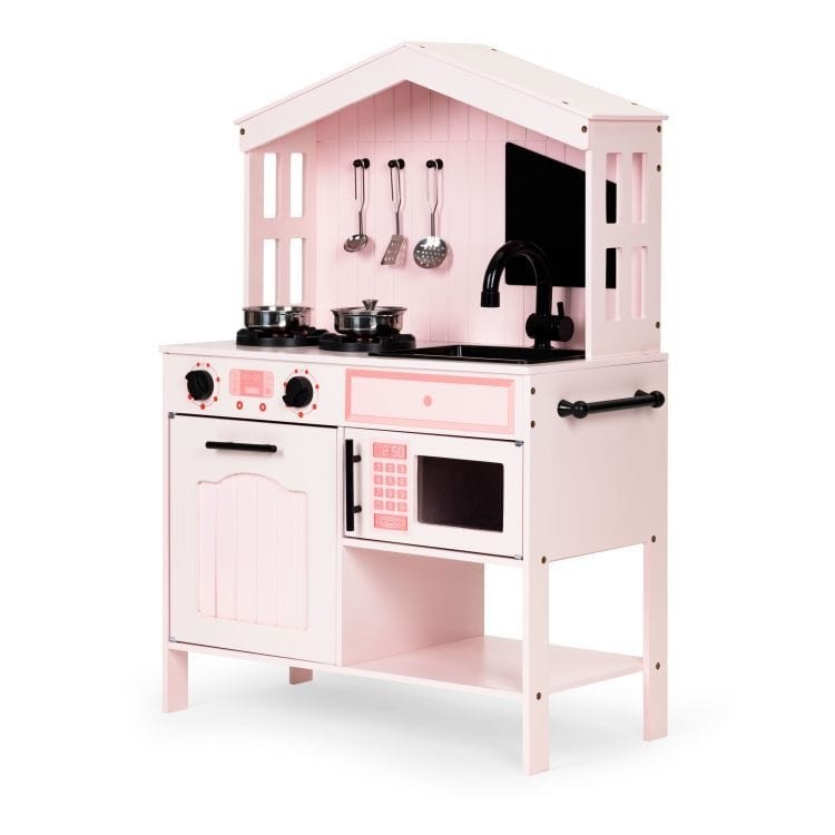 Angelove Pink Wooden Play Kitchen Oven Accessories – full kitchen set pink wood front view | Nestling