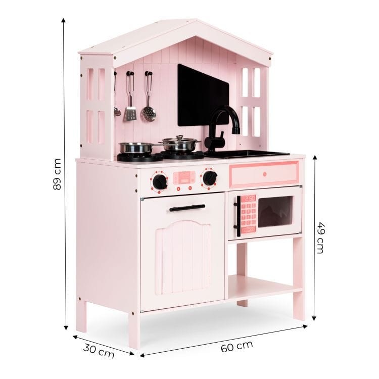 Angelove Pink Wooden Play Kitchen Oven Accessories – side view with oven burners microwave | Nestling