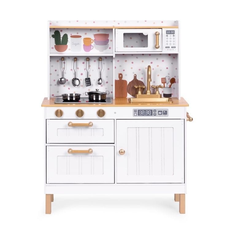 Angelove Wooden Play Kitchen Lights Sounds LED – close up LED burners and sink detail | Nestling