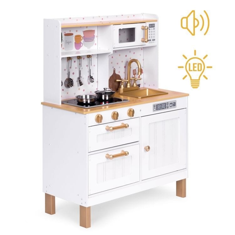 Angelove Wooden Play Kitchen Lights Sounds LED – child playing with wooden kitchen toy | Nestling