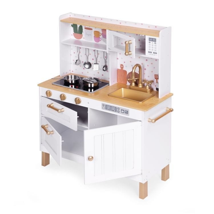 Angelove Wooden Play Kitchen Lights Sounds LED – back view with refrigerator panel detail | Nestling