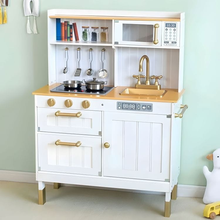 Angelove Wooden Play Kitchen Lights Sounds LED – dimensions and features infographic | Nestling