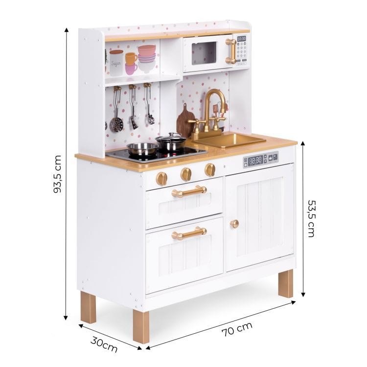 Angelove Wooden Play Kitchen Lights Sounds LED – lifestyle shot child pretend cooking play | Nestling