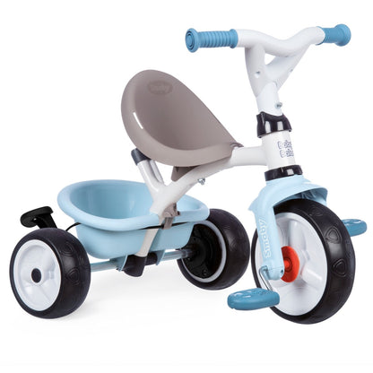 Smoby Baby Balade Plus tricycle in blue and white with gray seat, adjustable handlebar, and black wheels