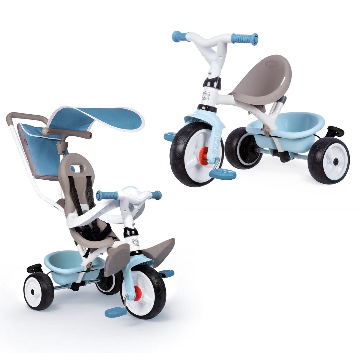 Baby Balade Plus tricycle shown in three configurations demonstrating 3-in-1 grow-with-me design