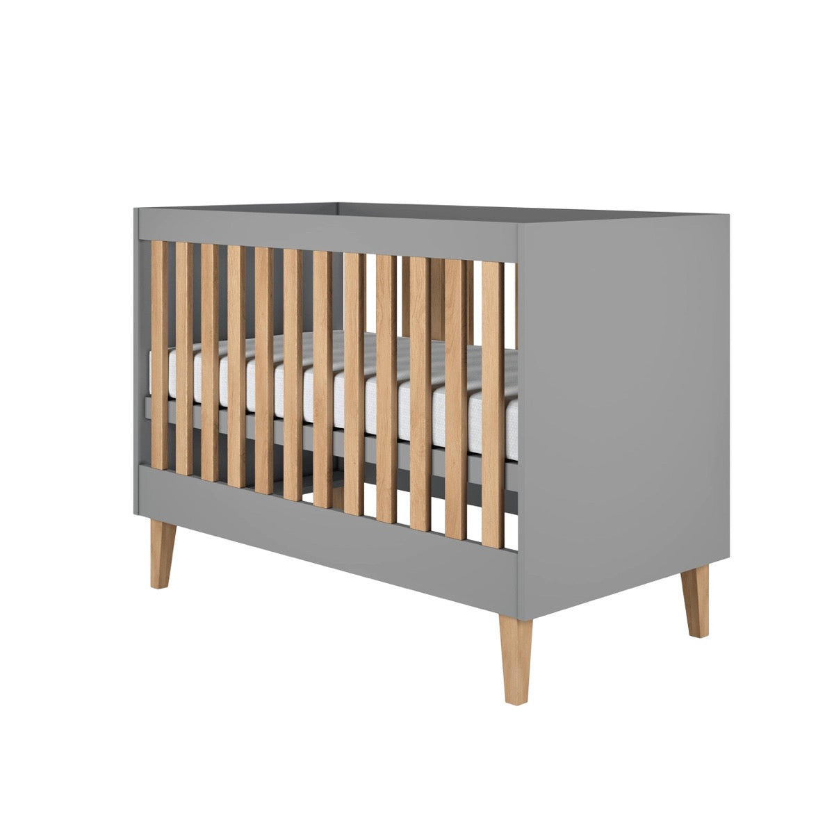 Baby Bed Kubi Scandinavian Baby Cot Grey – close-up grey slats oak leg detail joinery | Nestling