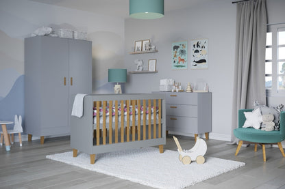 Baby Bed Kubi Scandinavian Baby Cot Grey – grey cot feature highlights safety standards | Nestling