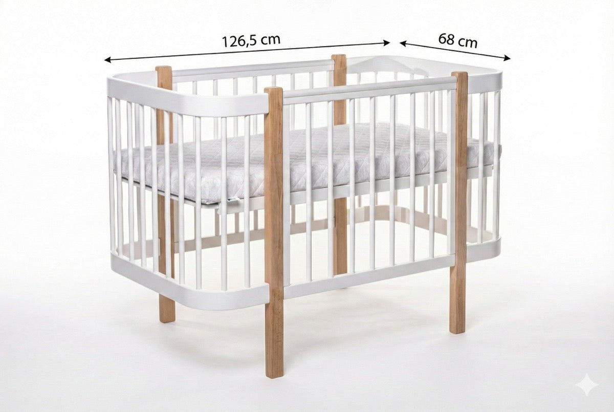 ELIN crib with dimension annotations showing 126.5 cm length and 68 cm width measurements