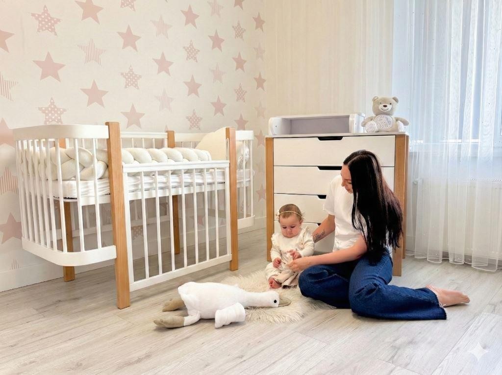 Mother playing with toddler in ELIN crib placed beside dresser in nursery with star wallpaper