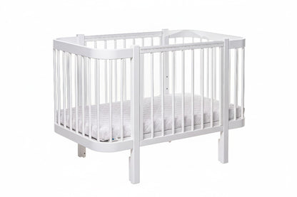 White KOTTO ELIN beechwood crib with one side panel open for toddler bed conversion mode