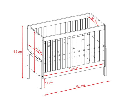 Technical diagram showing Victor crib dimensions and adjustable base height measurements
