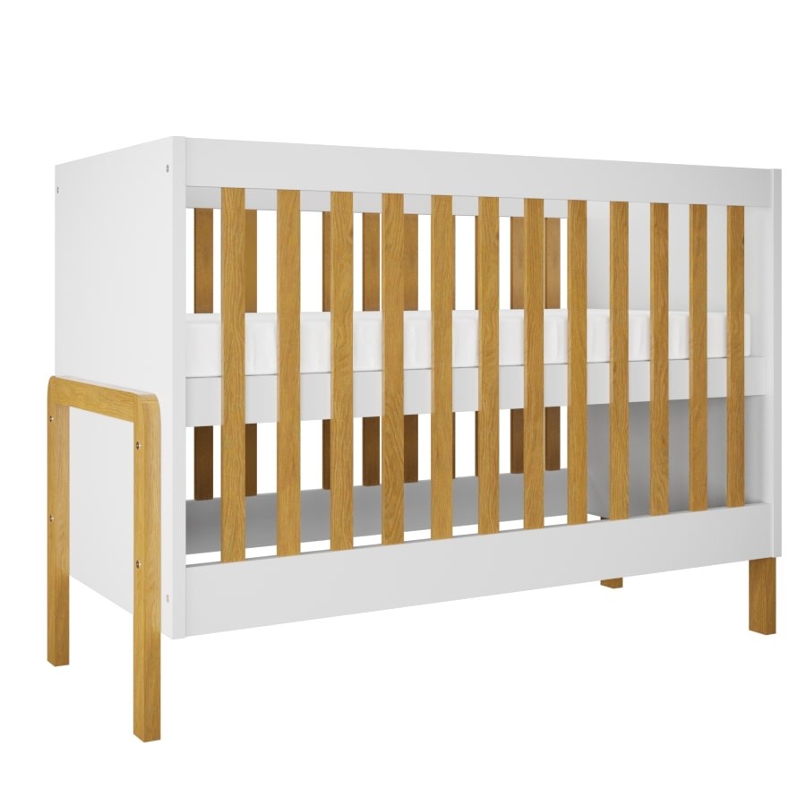 White and natural wood baby crib with oak slats and solid leg supports