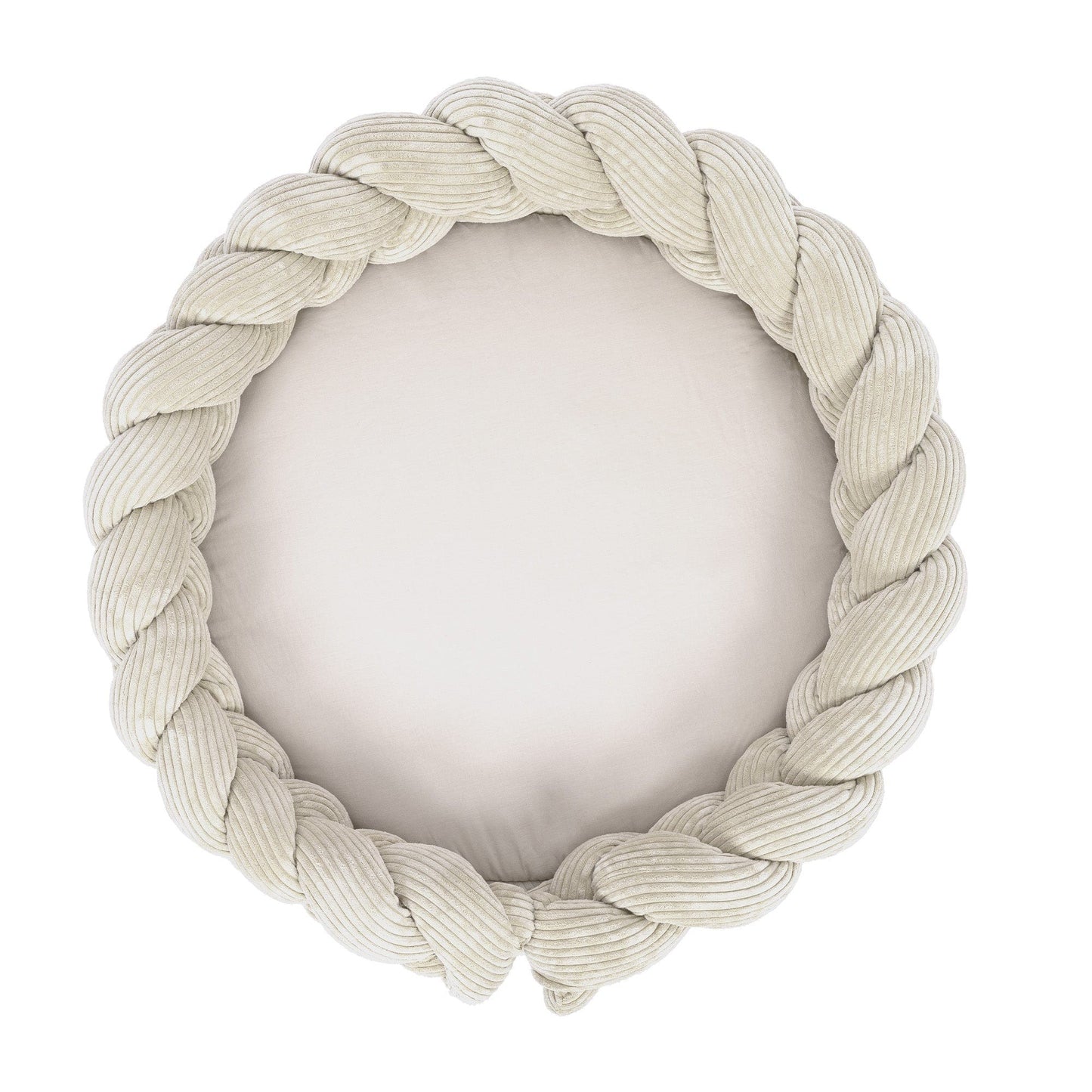 Ecru braided crib bumper nest with thick woven rope border creating cozy infant support