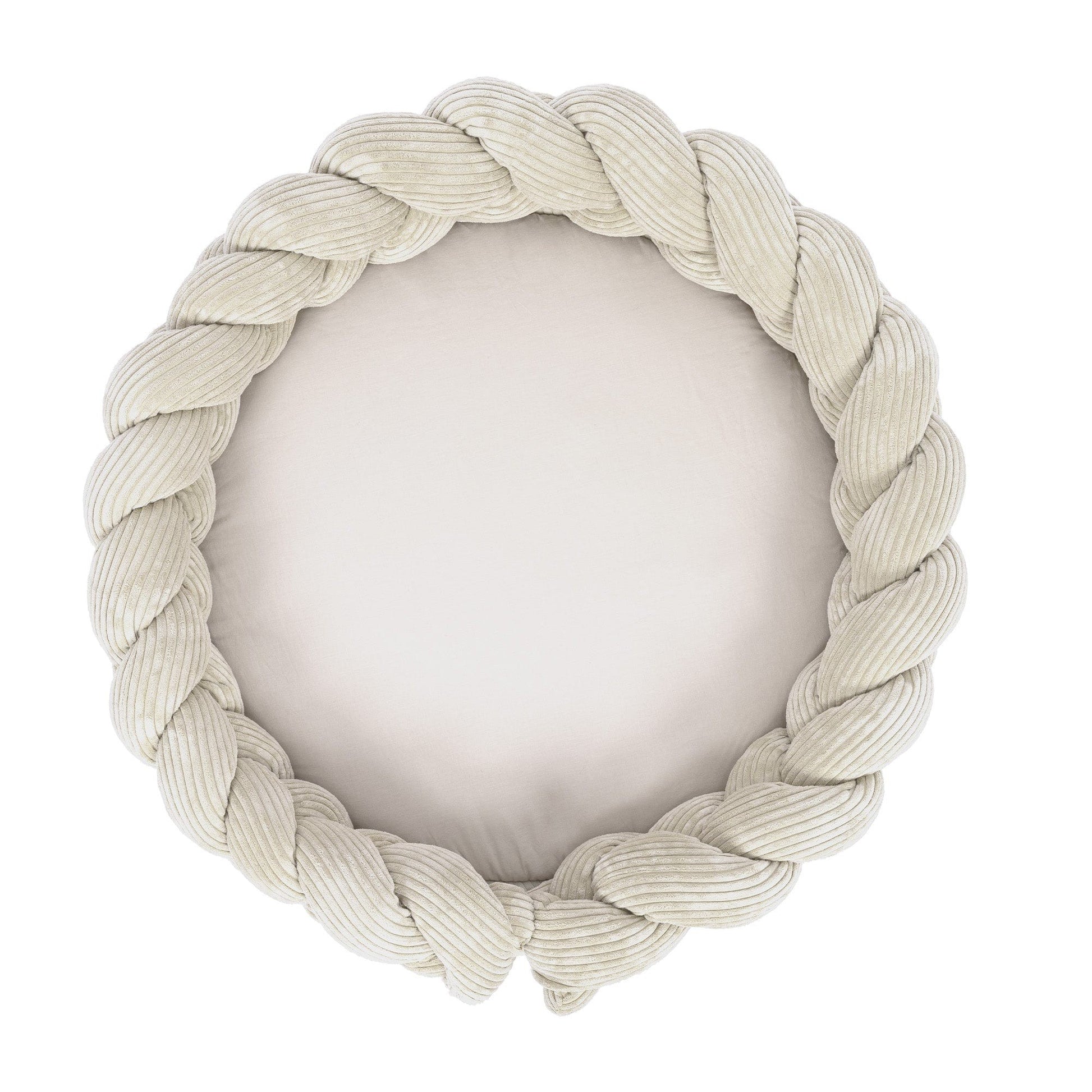 Ecru braided crib bumper nest with thick woven rope border creating cozy infant support