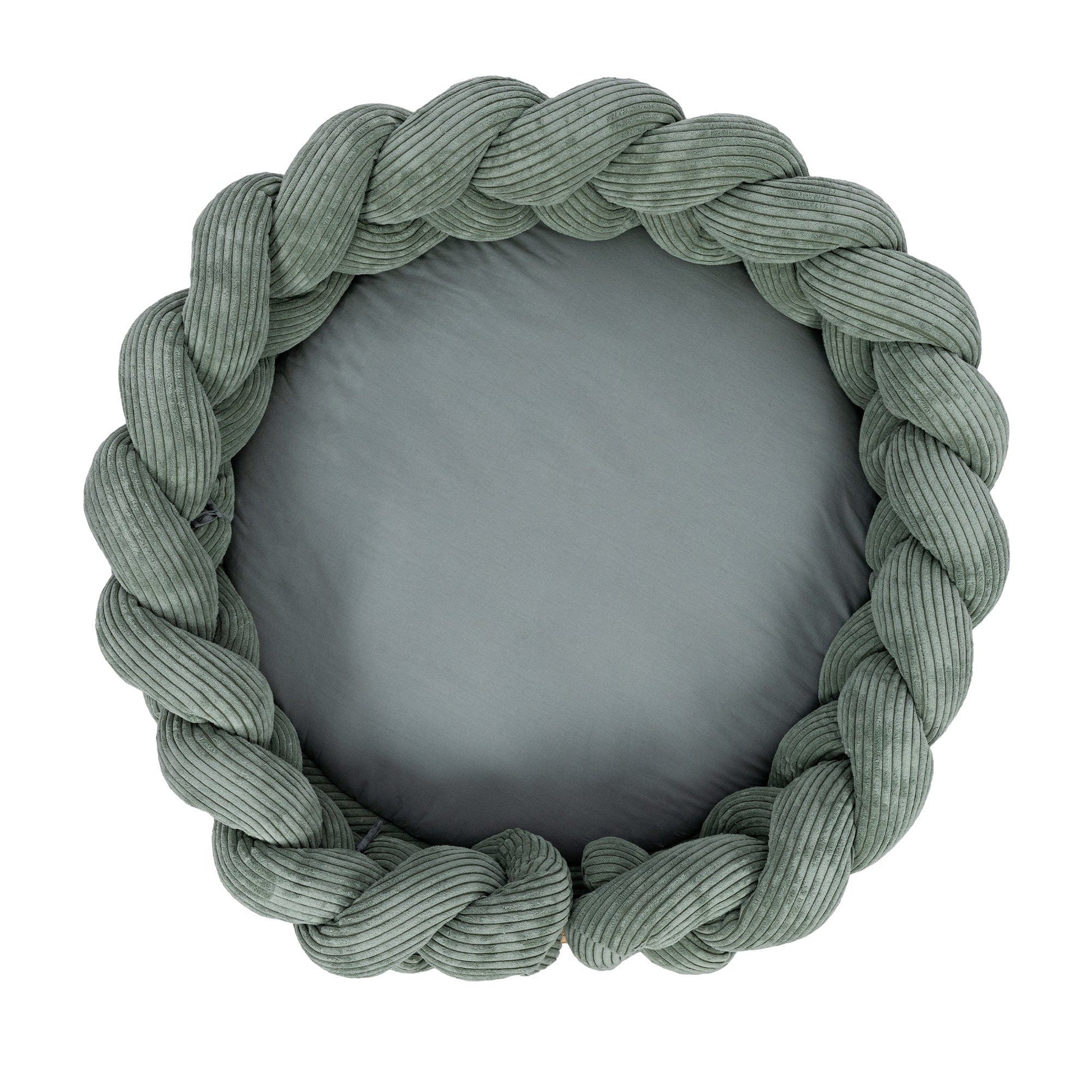 Olive green braided crib bumper detail showing woven texture and padded interior
