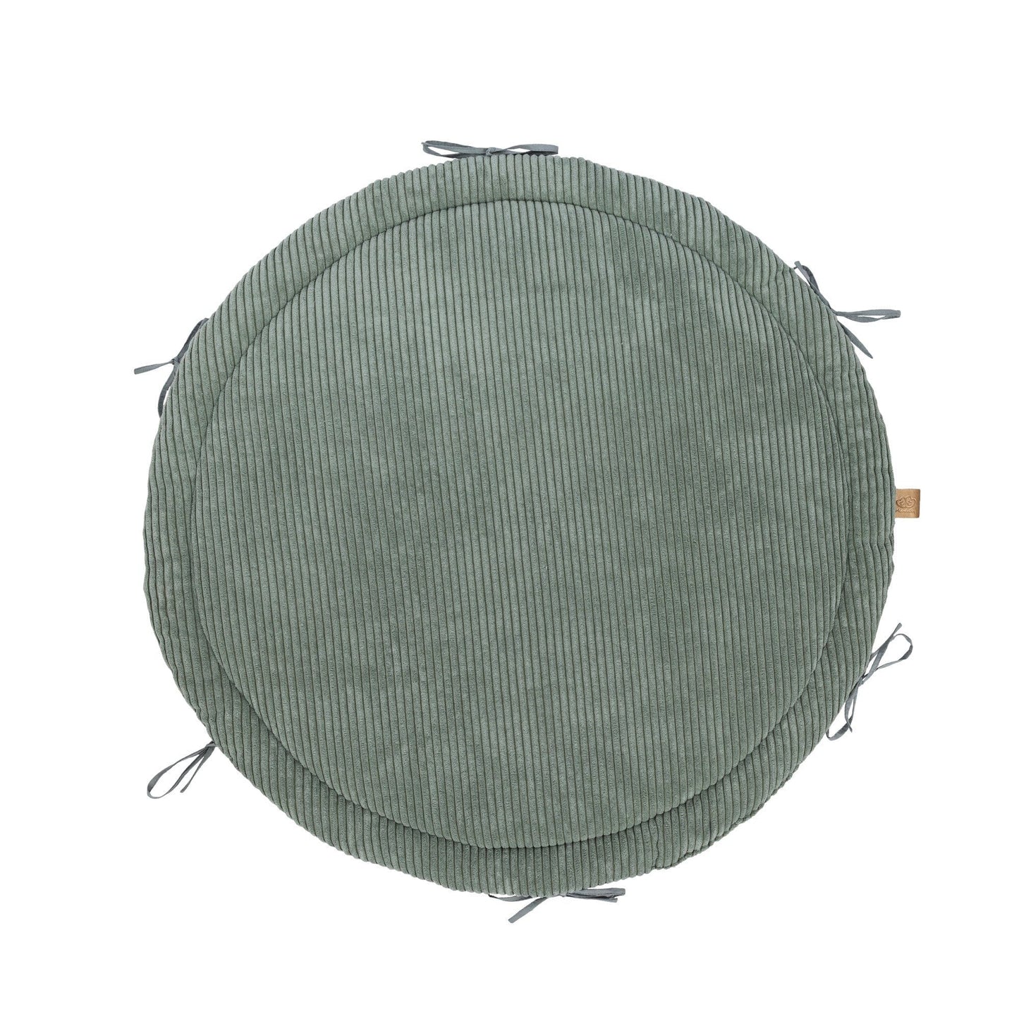 Olive green baby nest play mat with braided crib bumper border, top view