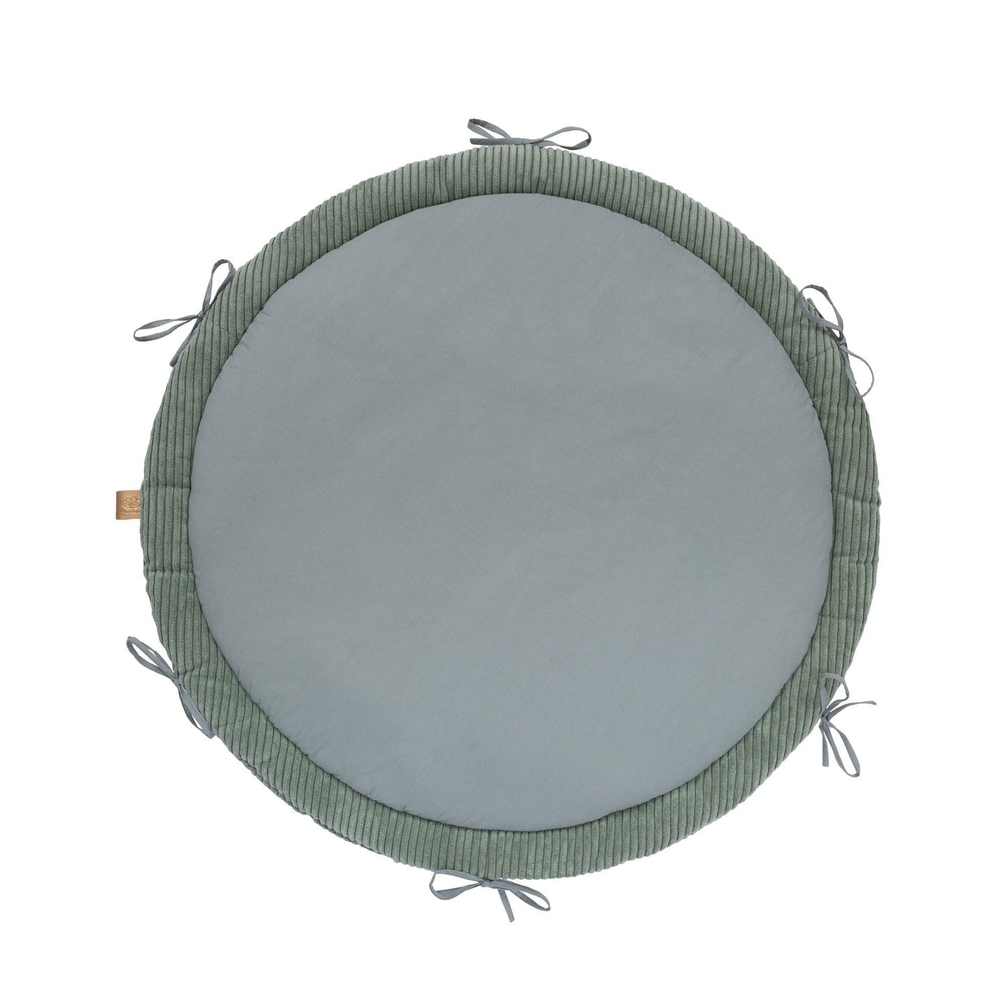 Baby nest mat with gray cushioned center and olive green braided bumper border