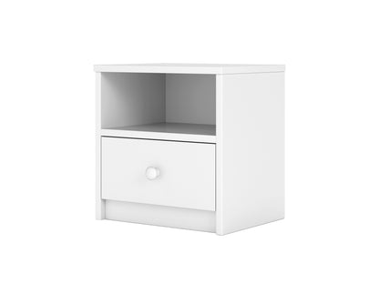 White Babydreams nightstand with open shelf and drawer, front view