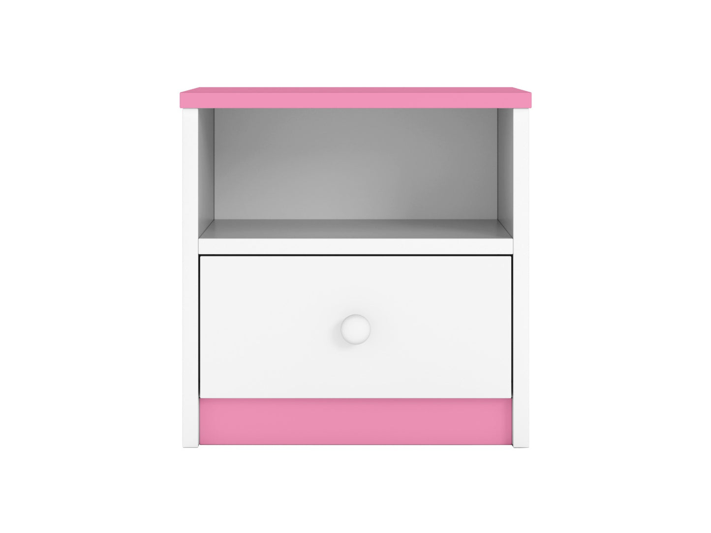 Pink and white Babydreams bedside table with color-block design